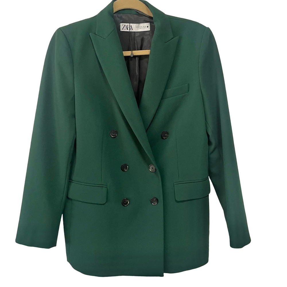 Zara Dark Green Double Breasted Blazer Sz M Structured Business Career Fall